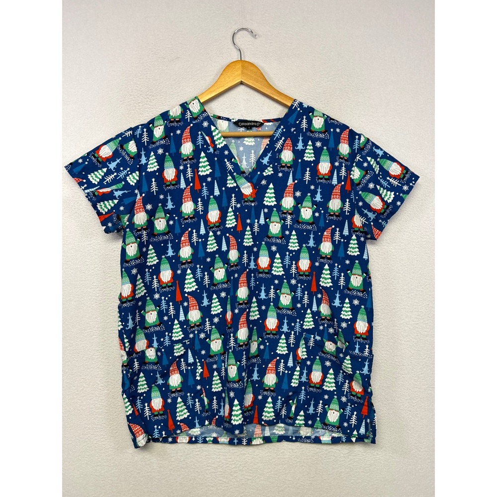 Christmas Holiday Gnomes Cassandra O Women L Blue V-Neck Short Sleeve Scrub Top